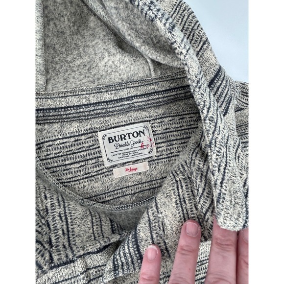 Burton Mens Striped Fleece Hoodie Grey Black Henley Button Neck Pullover Large - Picture 2 of 4